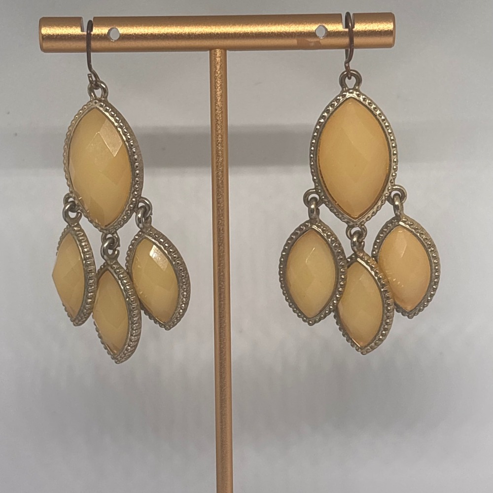 Oval Drop‎ Earrings Gold Tone Cream Cabochon Dangle Statement Jewelry - Picture 3 of 7